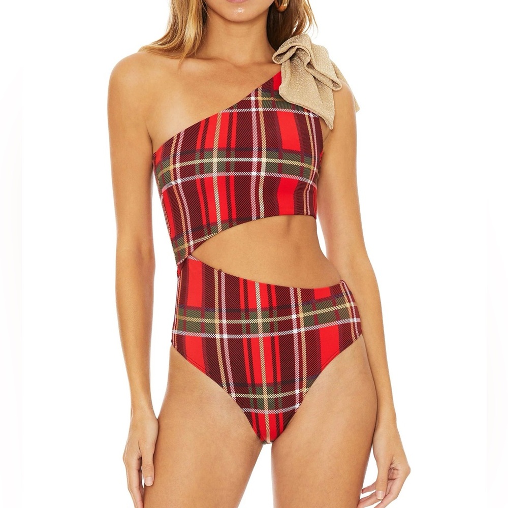 NWT beach Riot Revolve Celine One Piece Holiday Plaid Gold bow swimsuit bikini